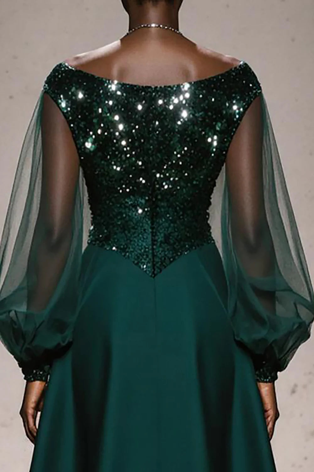 Sparkly A Line Boat Neck Puff Sleeve Sequins Sweep/Brush Train Prom Dress