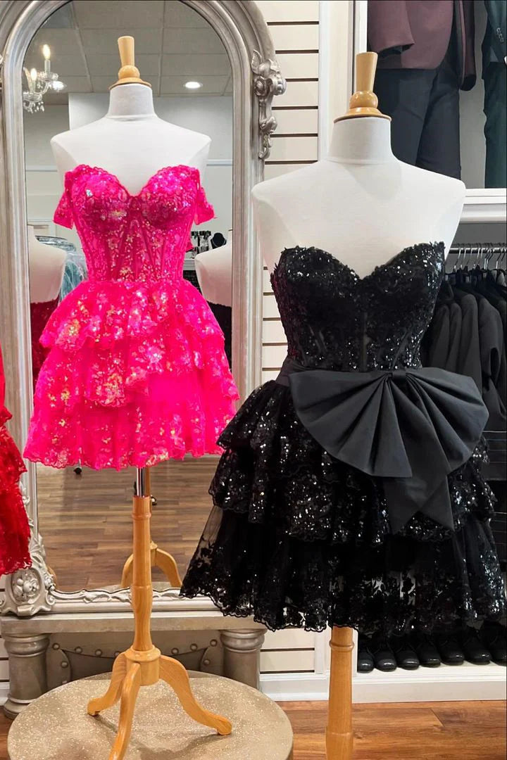 Robe de soirée scintillante à épaules dénudées, coupe trapèze, décolleté en cœur et volants, avec nœud papillon