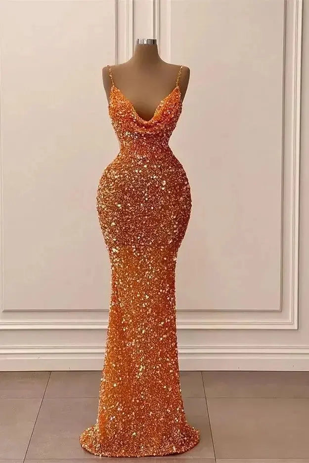 Orange Sequin Trumpet Cowl Neck Low Back Floor-Length Dress