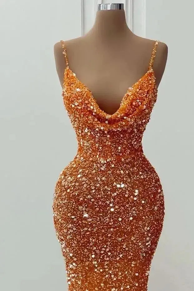 Orange Sequin Trumpet Cowl Neck Low Back Floor-Length Dress