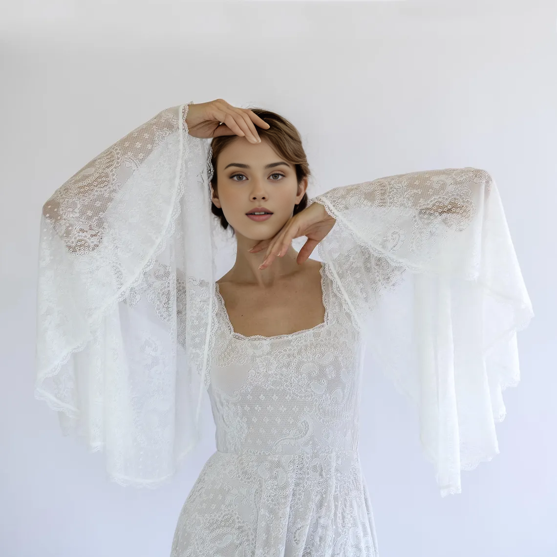 Square Neck Bohemian Lace Backless Wedding Dress Floor Length Prom Party Dress With Bell Sleeves