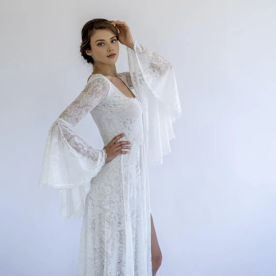 Square Neck Bohemian Lace Backless Wedding Dress Floor Length Prom Party Dress With Bell Sleeves