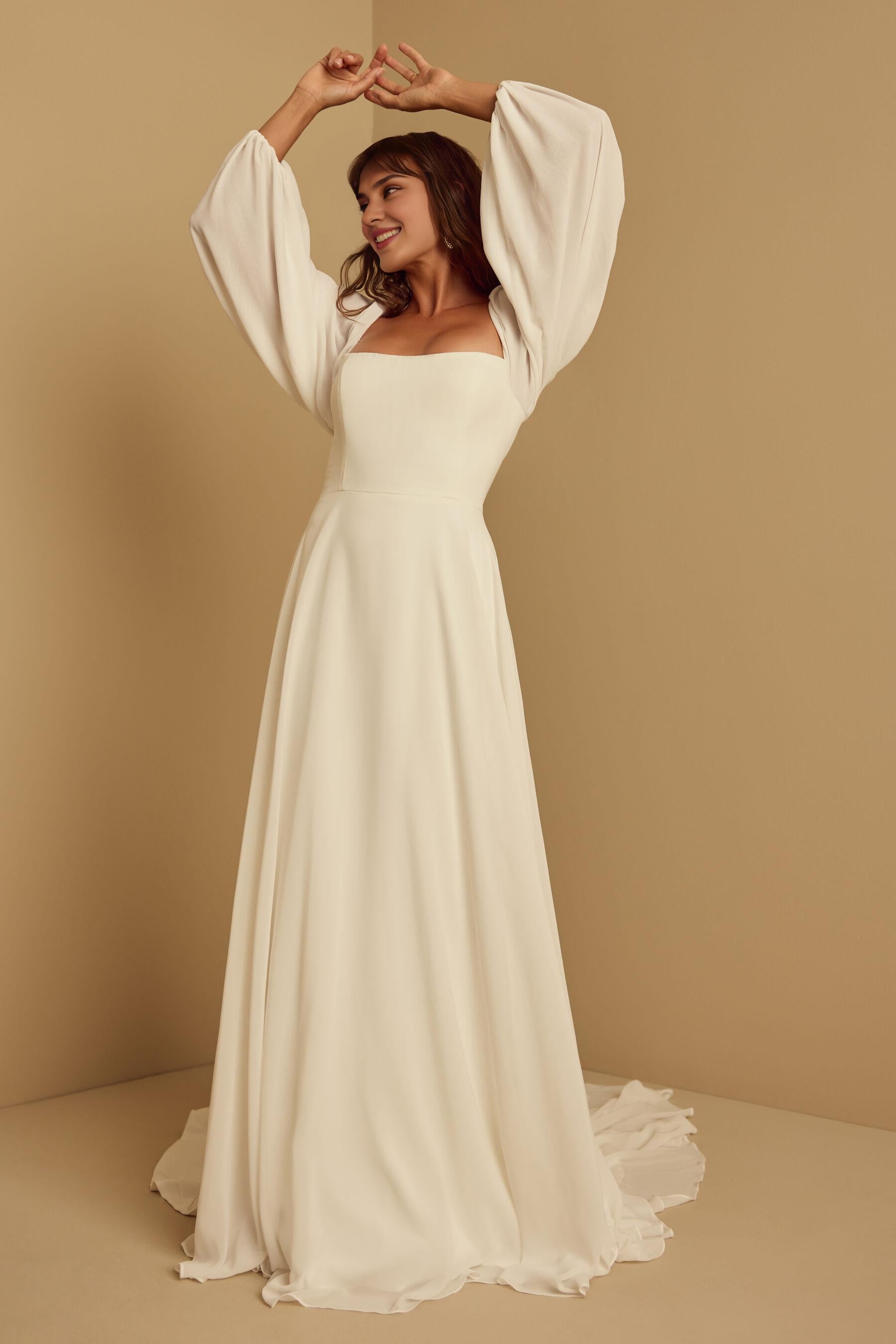 Weitese Formal Wear Dresses Long Sleeves Square Neck Chiffon  A-line Floor Length Wedding Dress With Train