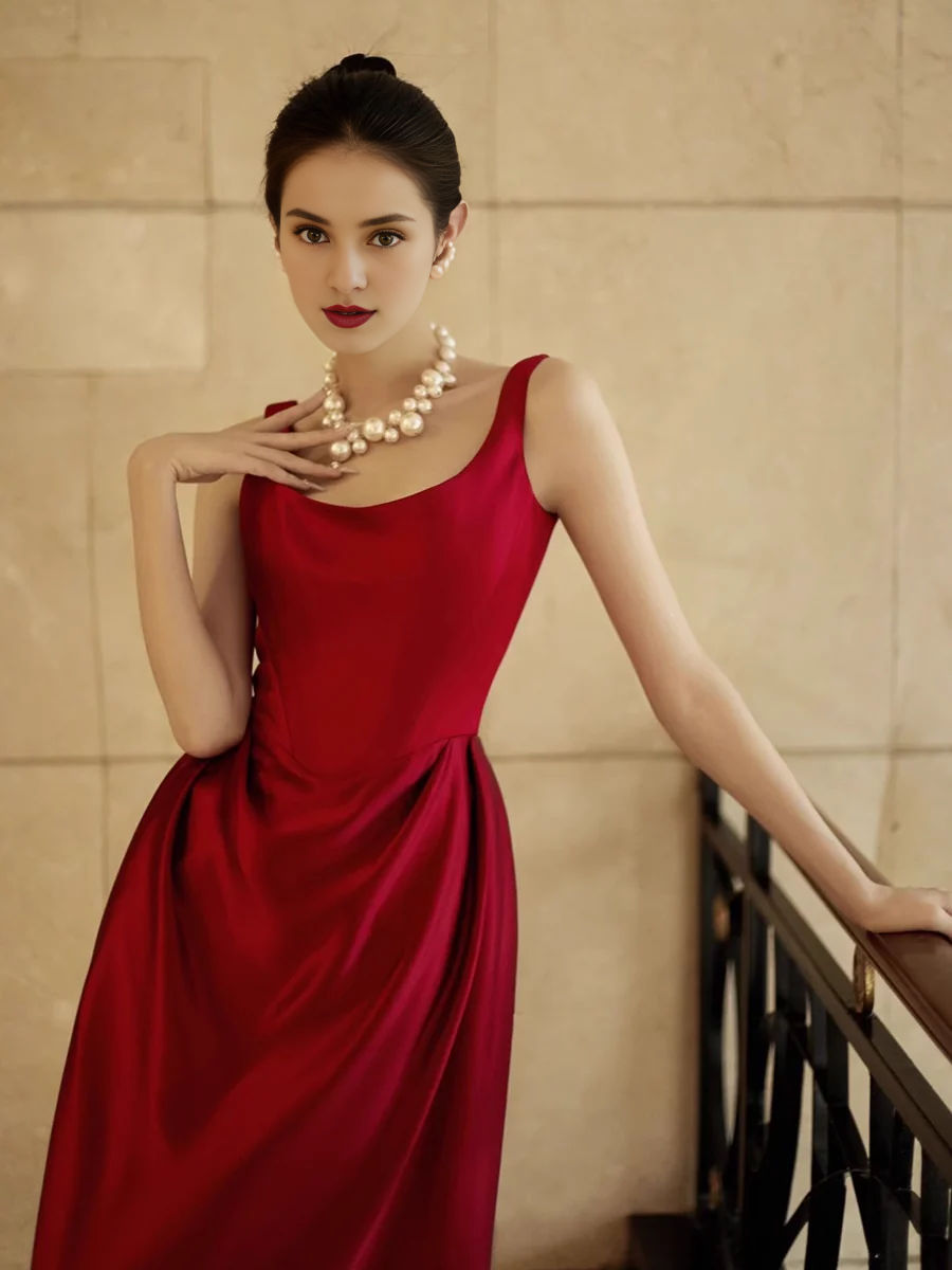 Robe de bal longue en satin rouge, col carré, sans manches, simple, bretelles trapèze 