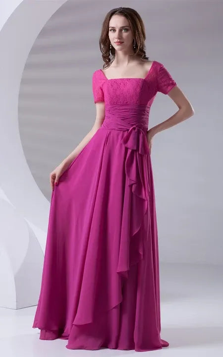 Square Neck V-Neck Caped-Sleeve Floor-Length Lace Dress With Draping/Formal Wear Dresses