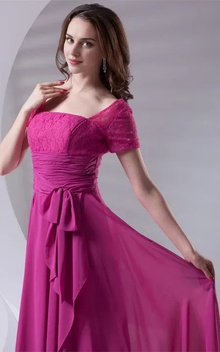 Square Neck V-Neck Caped-Sleeve Floor-Length Lace Dress With Draping/Formal Wear Dresses