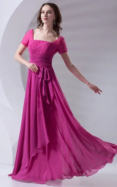 Square Neck V-Neck Caped-Sleeve Floor-Length Lace Dress With Draping/Formal Wear Dresses