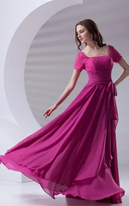 Square Neck V-Neck Caped-Sleeve Floor-Length Lace Dress With Draping/Formal Wear Dresses