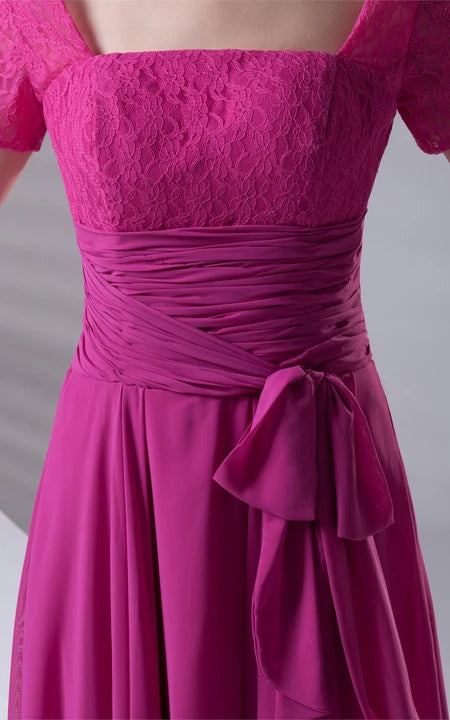 Square Neck V-Neck Caped-Sleeve Floor-Length Lace Dress With Draping/Formal Wear Dresses