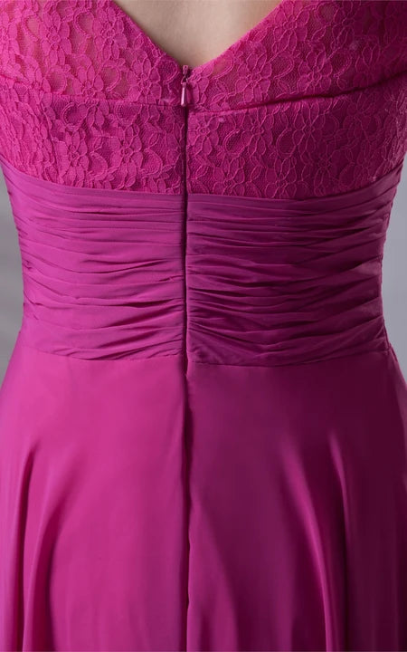 Square Neck V-Neck Caped-Sleeve Floor-Length Lace Dress With Draping/Formal Wear Dresses