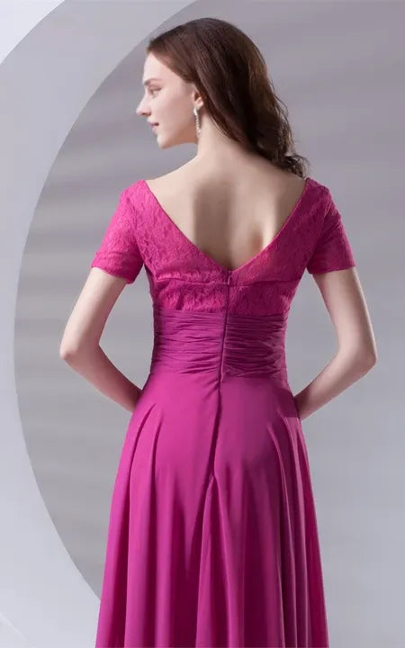 Square Neck V-Neck Caped-Sleeve Floor-Length Lace Dress With Draping/Formal Wear Dresses