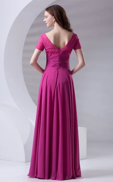 Square Neck V-Neck Caped-Sleeve Floor-Length Lace Dress With Draping/Formal Wear Dresses