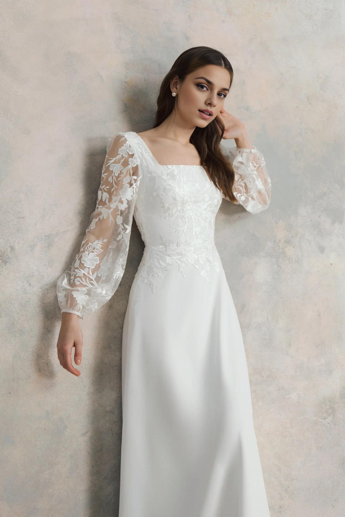 Square Neck Wedding Dress With Puff Long Sleeves Flower Lace A Line Wedding Dress Floor Length With Train