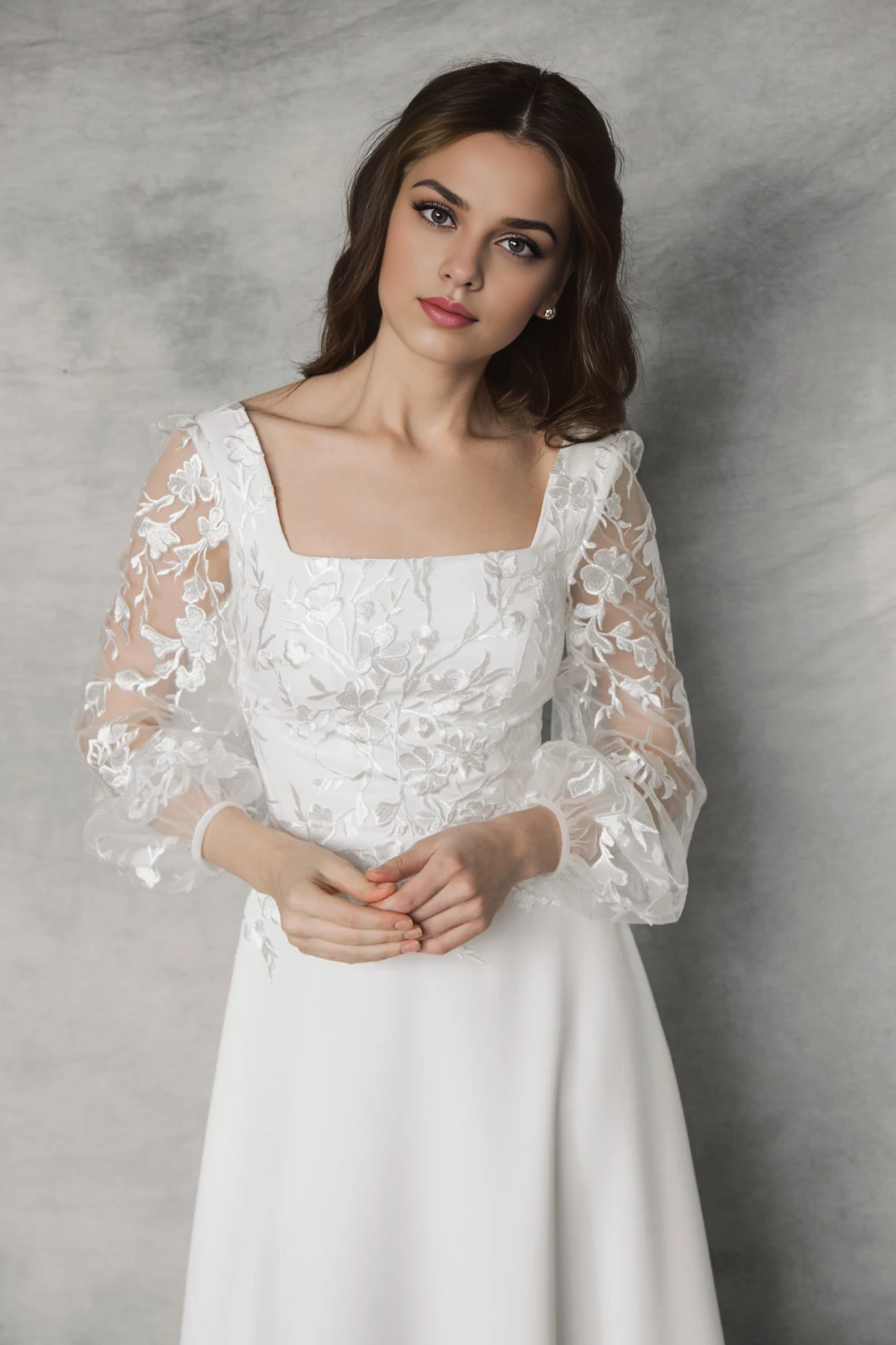 Square Neck Wedding Dress With Puff Long Sleeves Flower Lace A Line Wedding Dress Floor Length With Train