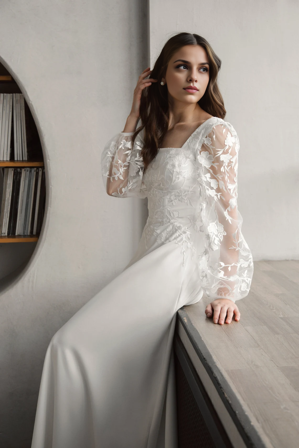 Square Neck Wedding Dress With Puff Long Sleeves Flower Lace A Line Wedding Dress Floor Length With Train