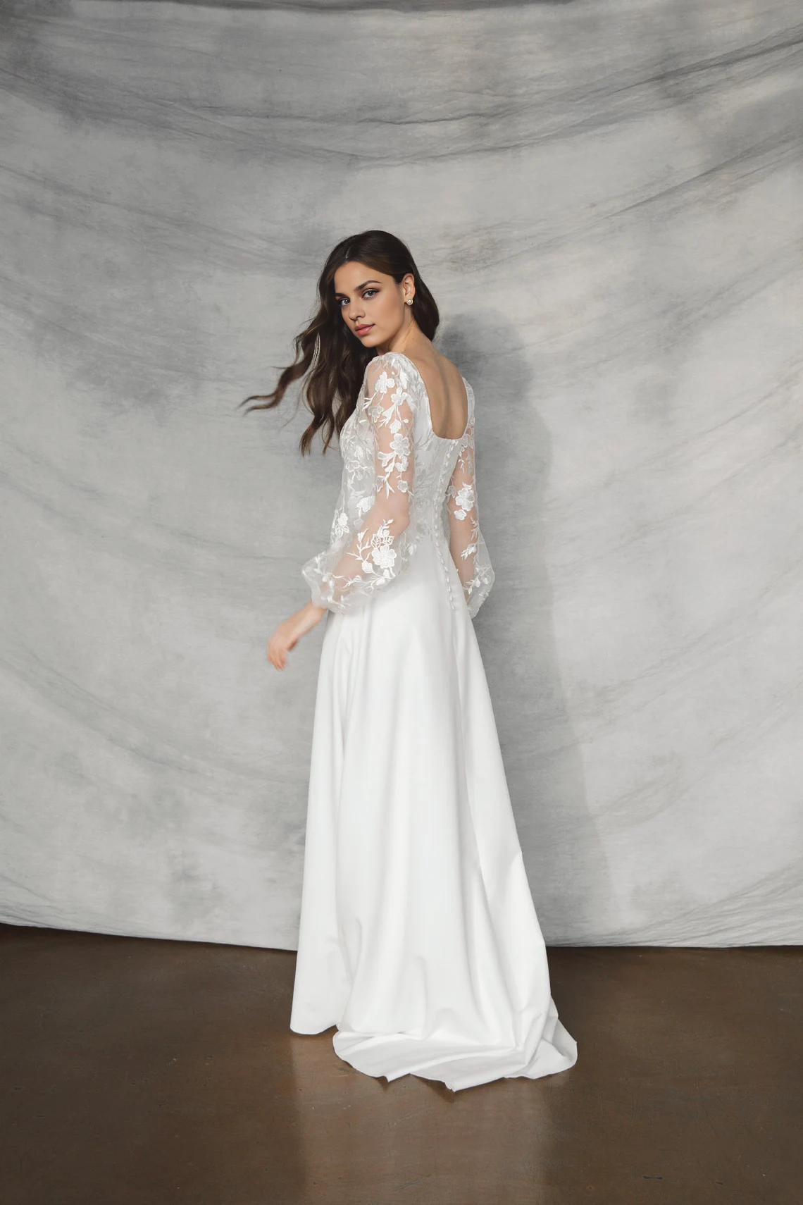 Square Neck Wedding Dress With Puff Long Sleeves Flower Lace A Line Wedding Dress Floor Length With Train