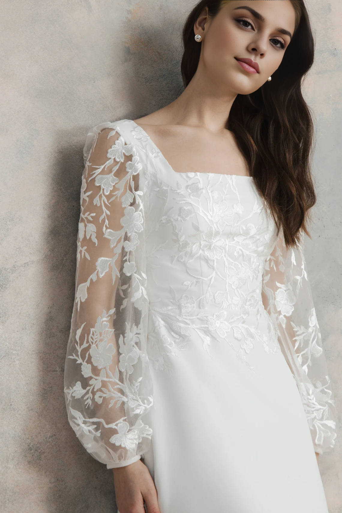 Square Neck Wedding Dress With Puff Long Sleeves Flower Lace A Line Wedding Dress Floor Length With Train