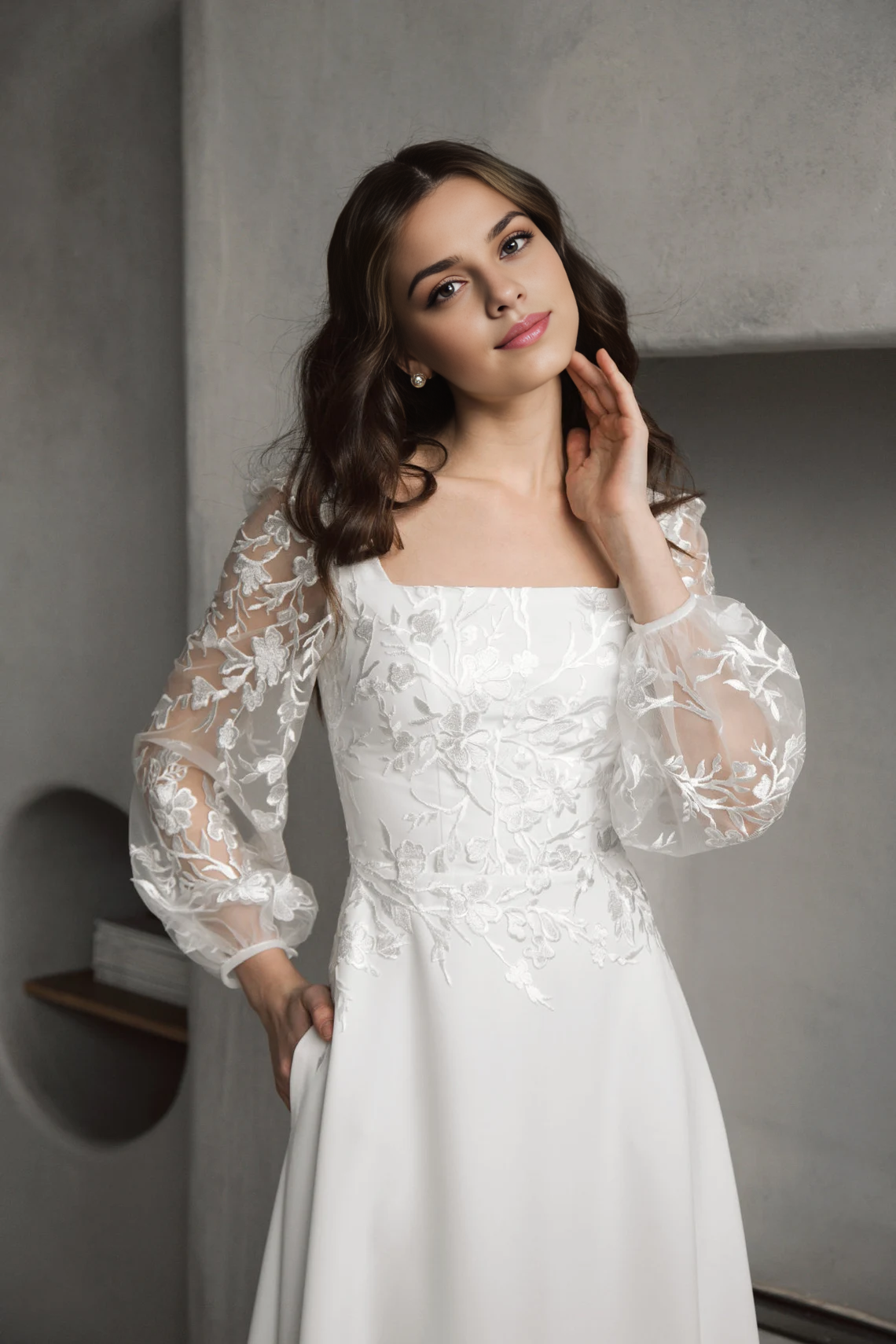 Square Neck Wedding Dress With Puff Long Sleeves Flower Lace A Line Wedding Dress Floor Length With Train