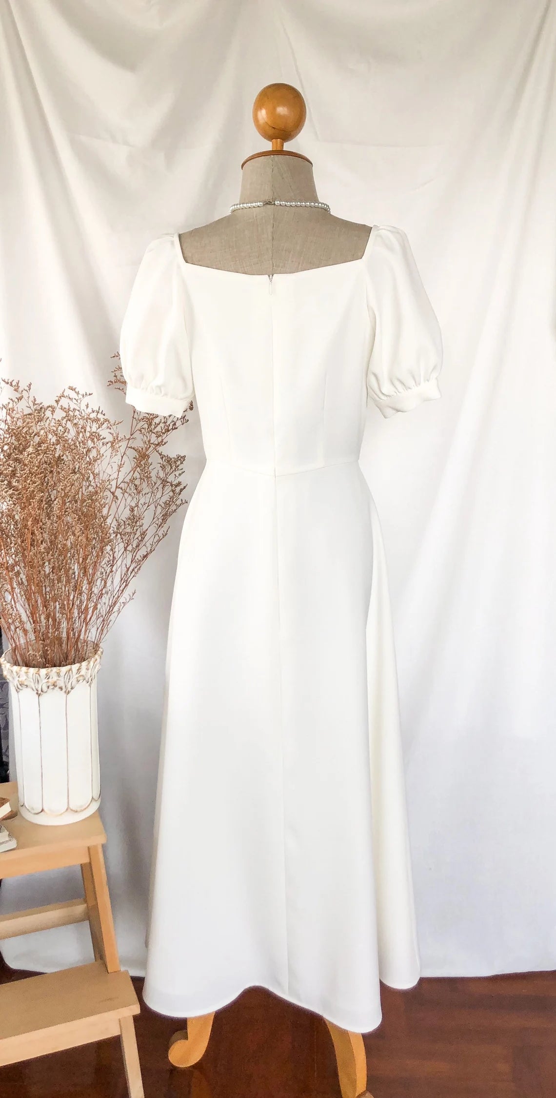 Square Neck White Party Puff Sleeve Vintage Majestic Prom Graduation Bridesmaid Dress