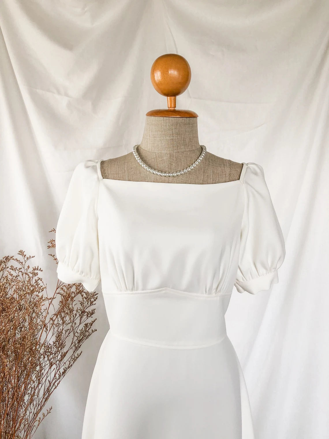 Square Neck White Party Puff Sleeve Vintage Majestic Prom Graduation Bridesmaid Dress