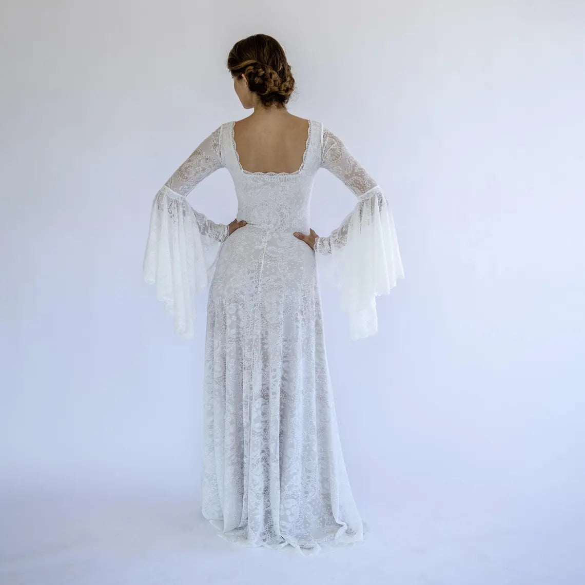 Square Neck Bohemian Lace Backless Wedding Dress Floor Length Prom Party Dress With Bell Sleeves