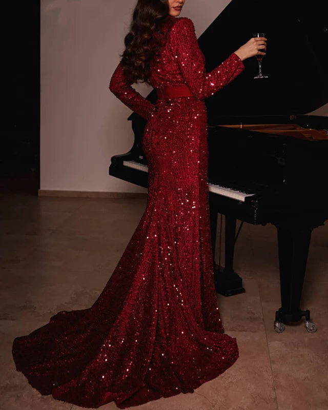 Vestido de fiesta de sirena con escote cuadrado, mangas largas y lentejuelas divididas