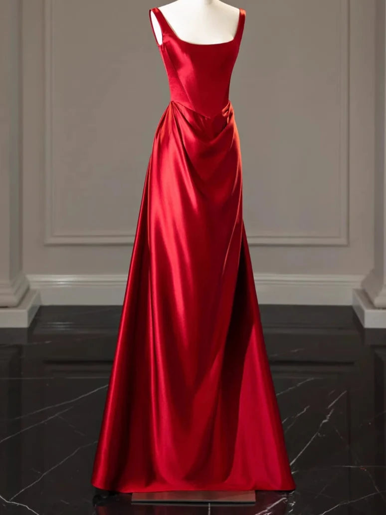 Robe de bal longue en satin rouge, col carré, sans manches, simple, bretelles trapèze 