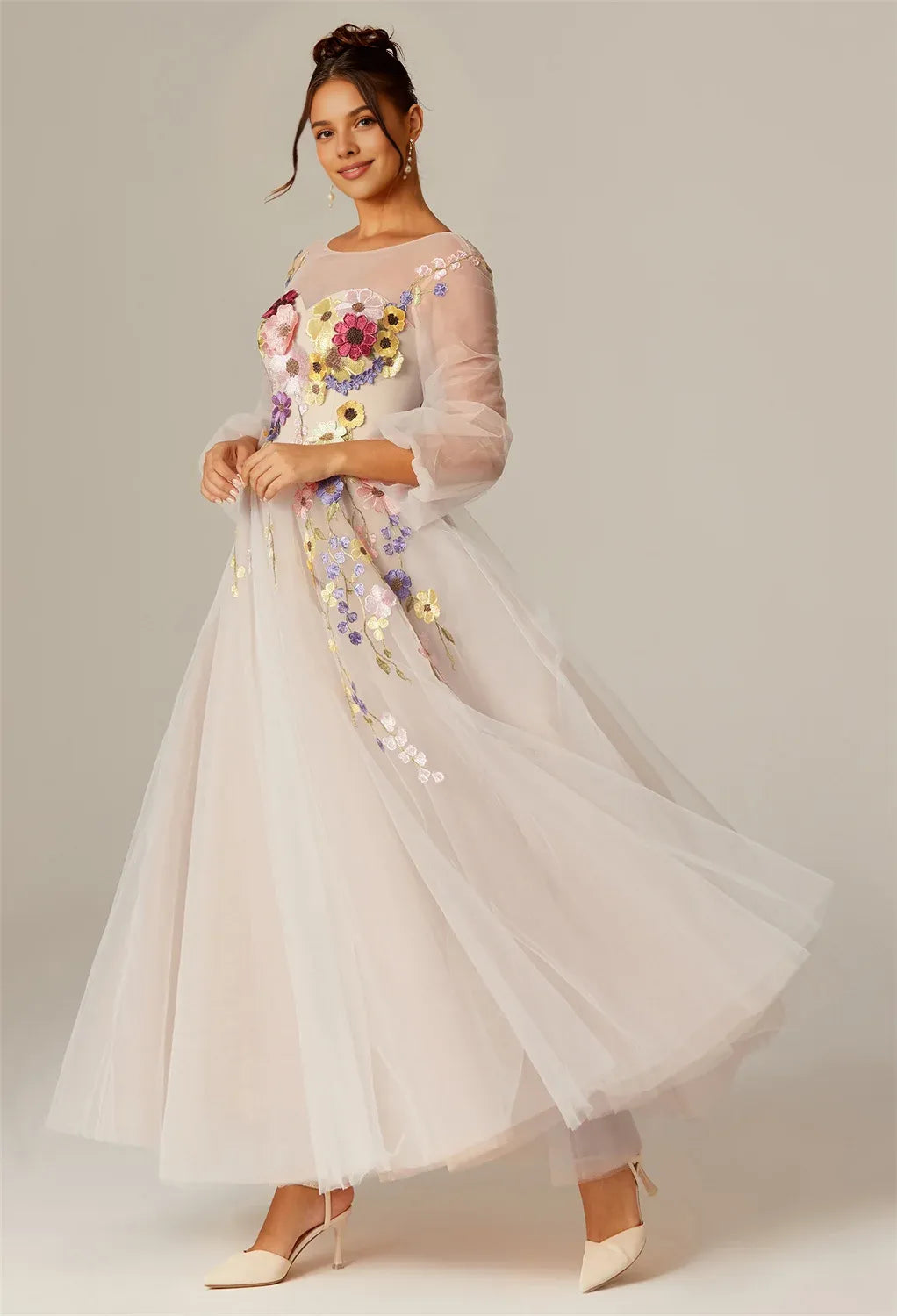 Steaming A-line U-Neck Ankle Length Long Sleeves Prom Dresses Tulle Affordable A-Line Evening Dresses For Women