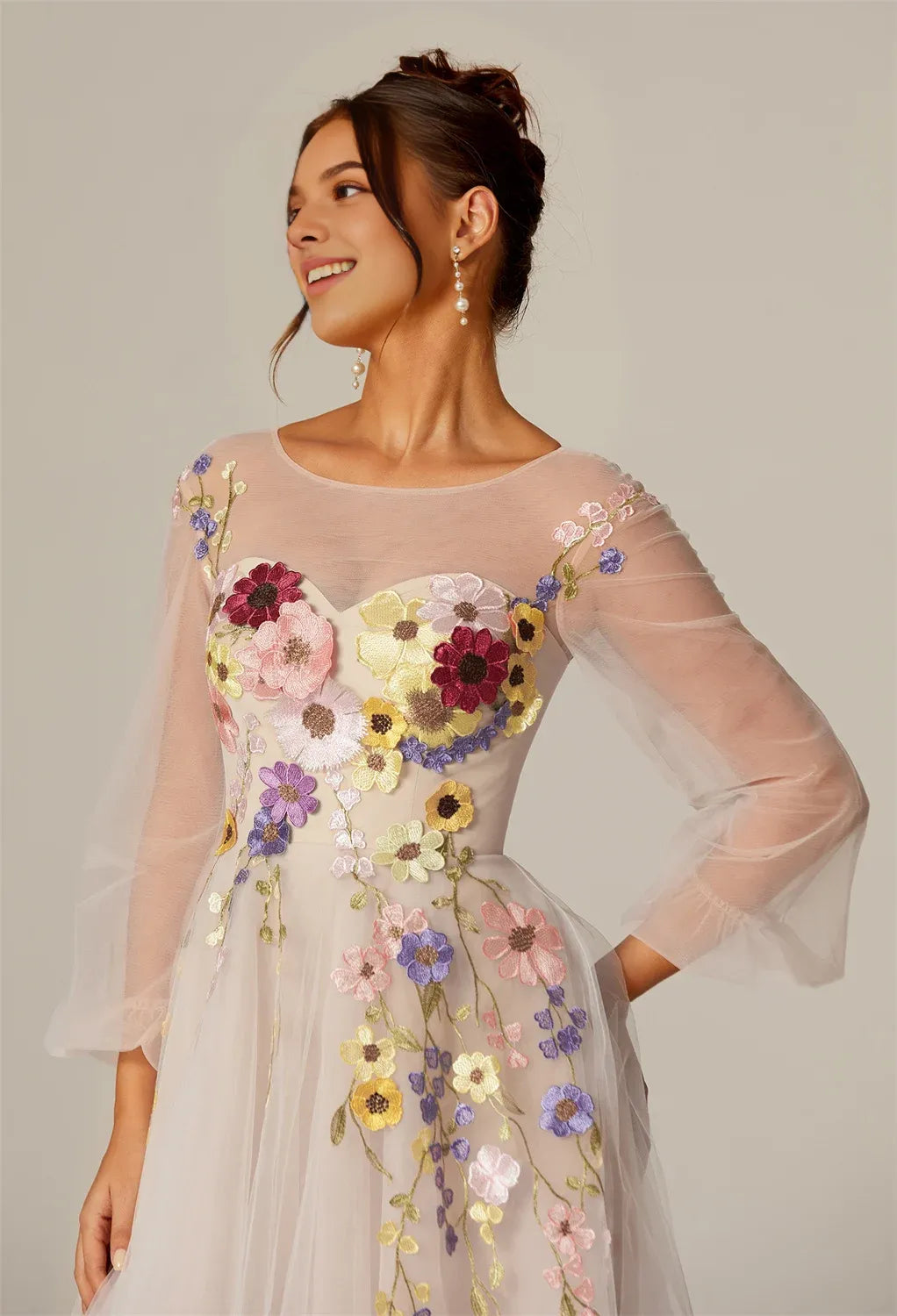 Steaming A-line U-Neck Ankle Length Long Sleeves Prom Dresses Tulle Affordable A-Line Evening Dresses For Women