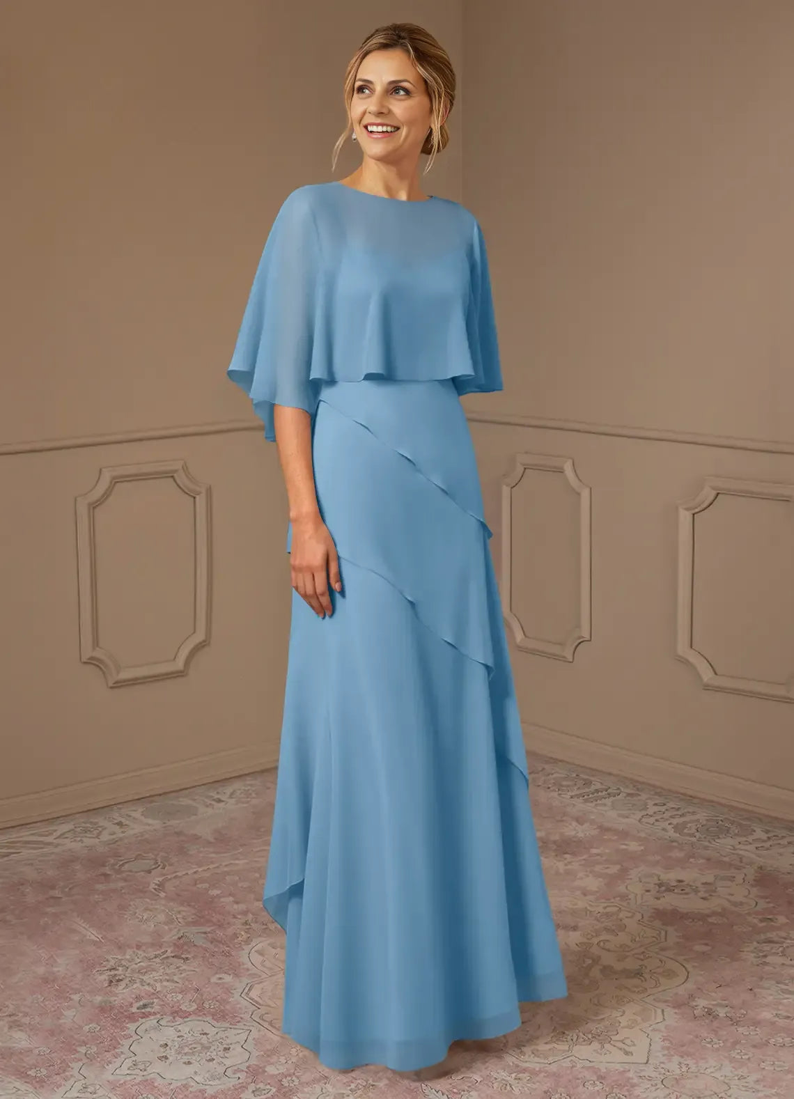 Weitese Dress A-Line Scoop Neck Chiffon Dress Mother Of The Bride Dresses Elegant Cap Sleeves Capelet Evening Dress