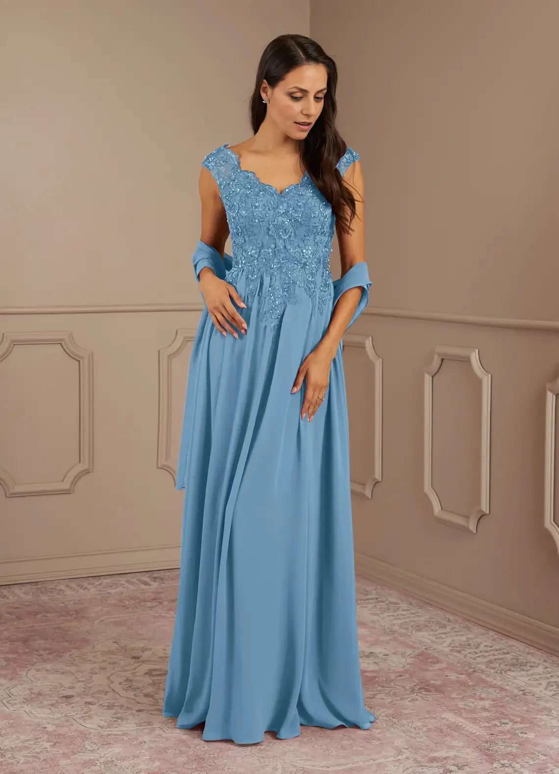 Weitese Dress Black A-Line V-Neck Lace Sequins Chiffon Maxi Dress Modern Cap Sleeves V Back Mother of the Bride Dress