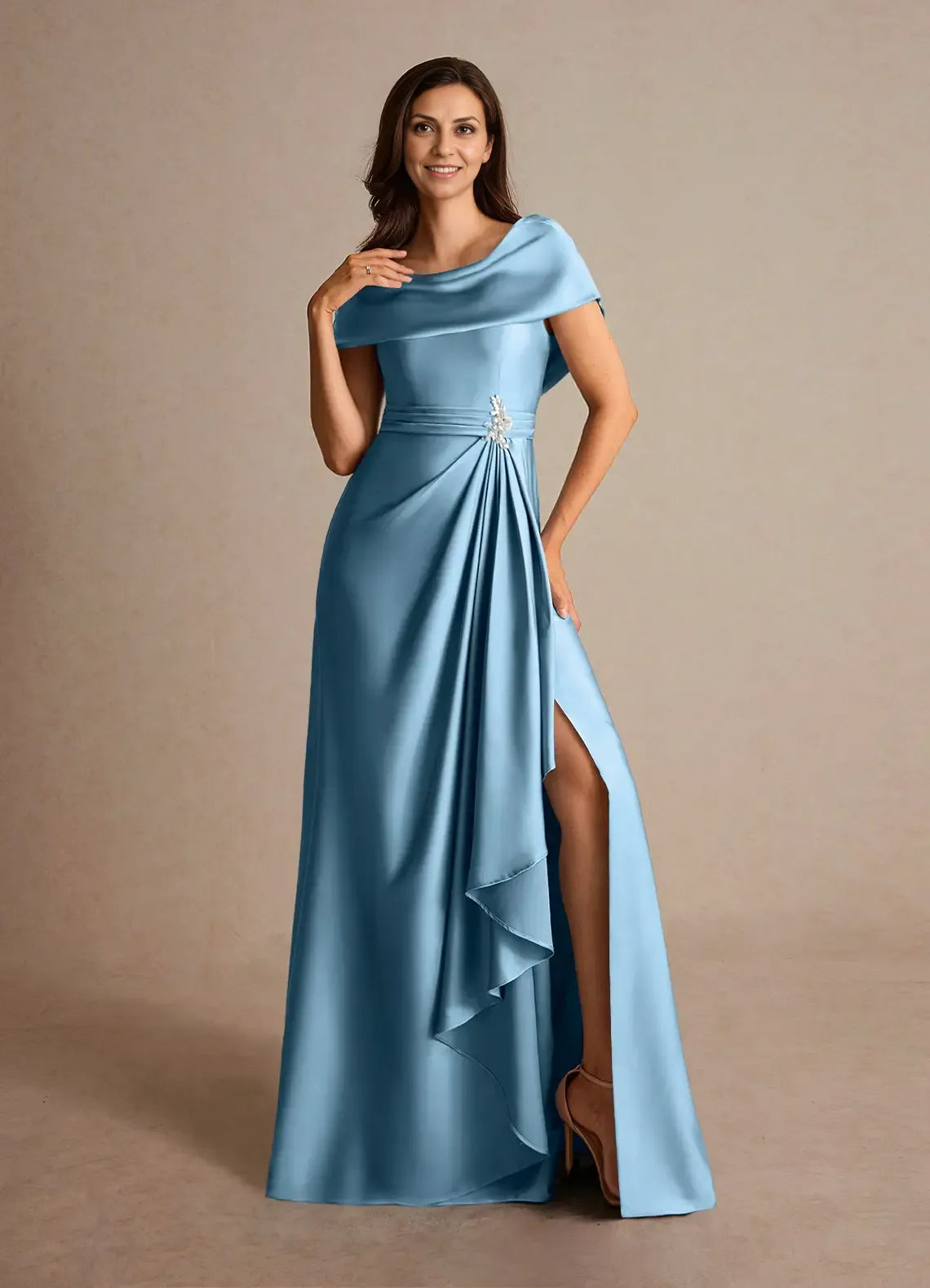 Weitese Dress Dusty Sage A-Line Pleated Satin Maxi Dress Fashion Cap Sleeves Cowl Back Mother of the Bride Dress
