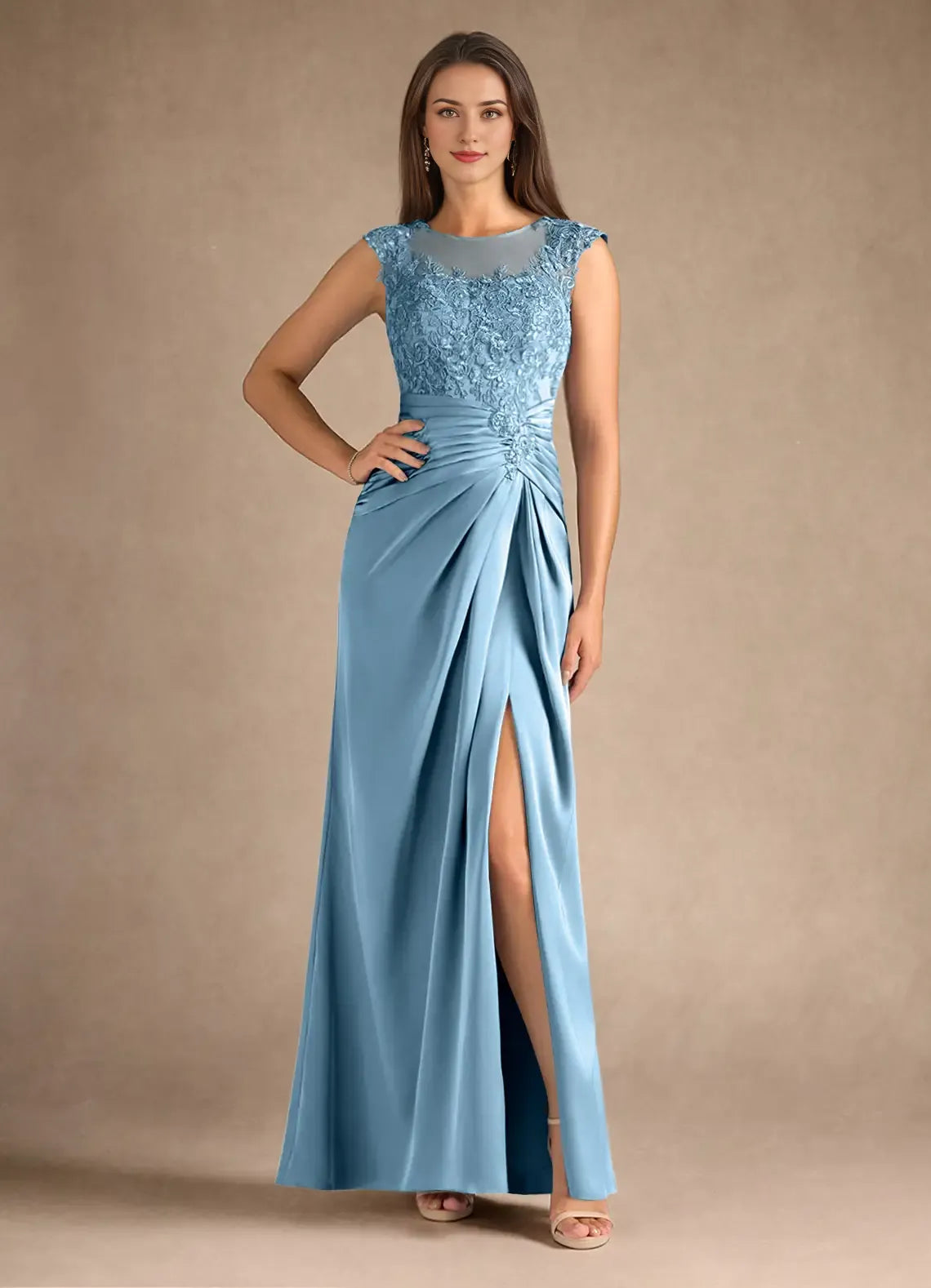 Weitese Dress Steel Blue Sheath Pleated Satin Mother of the Groom Dresses Elegant Scoop Neck Sleeveless Leg Slit Evening Dress