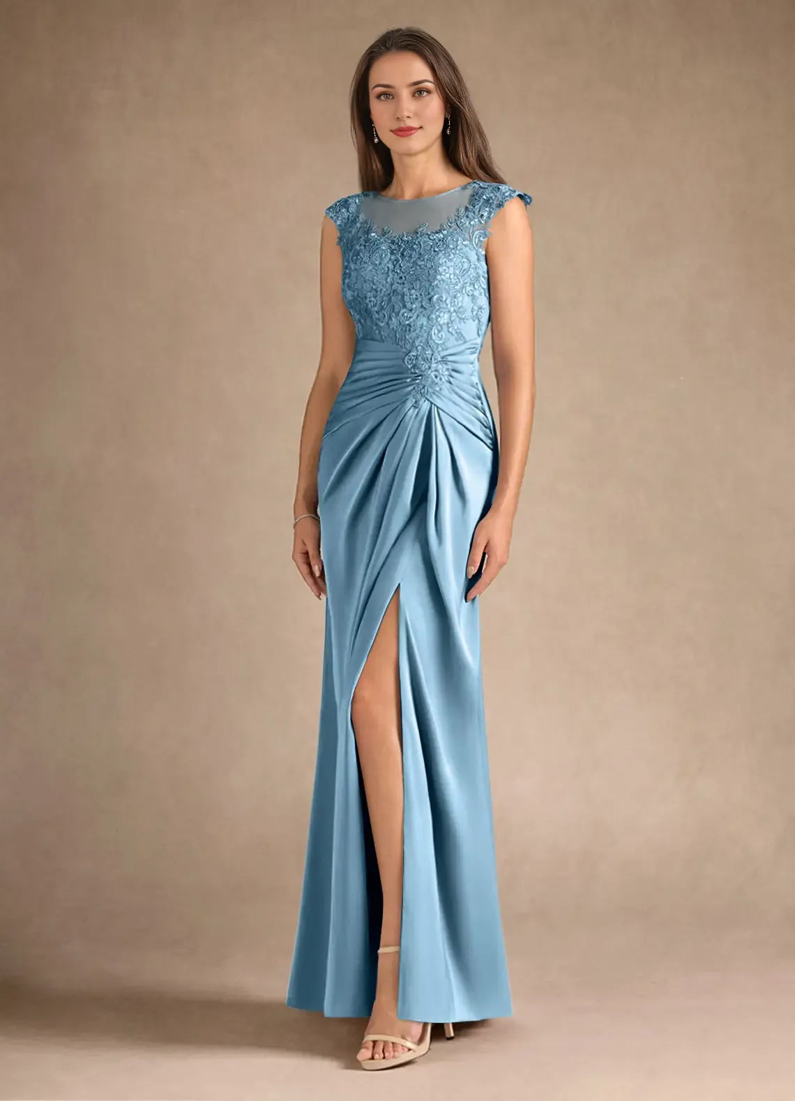 Weitese Dress Steel Blue Sheath Pleated Satin Mother of the Groom Dresses Elegant Scoop Neck Sleeveless Leg Slit Evening Dress
