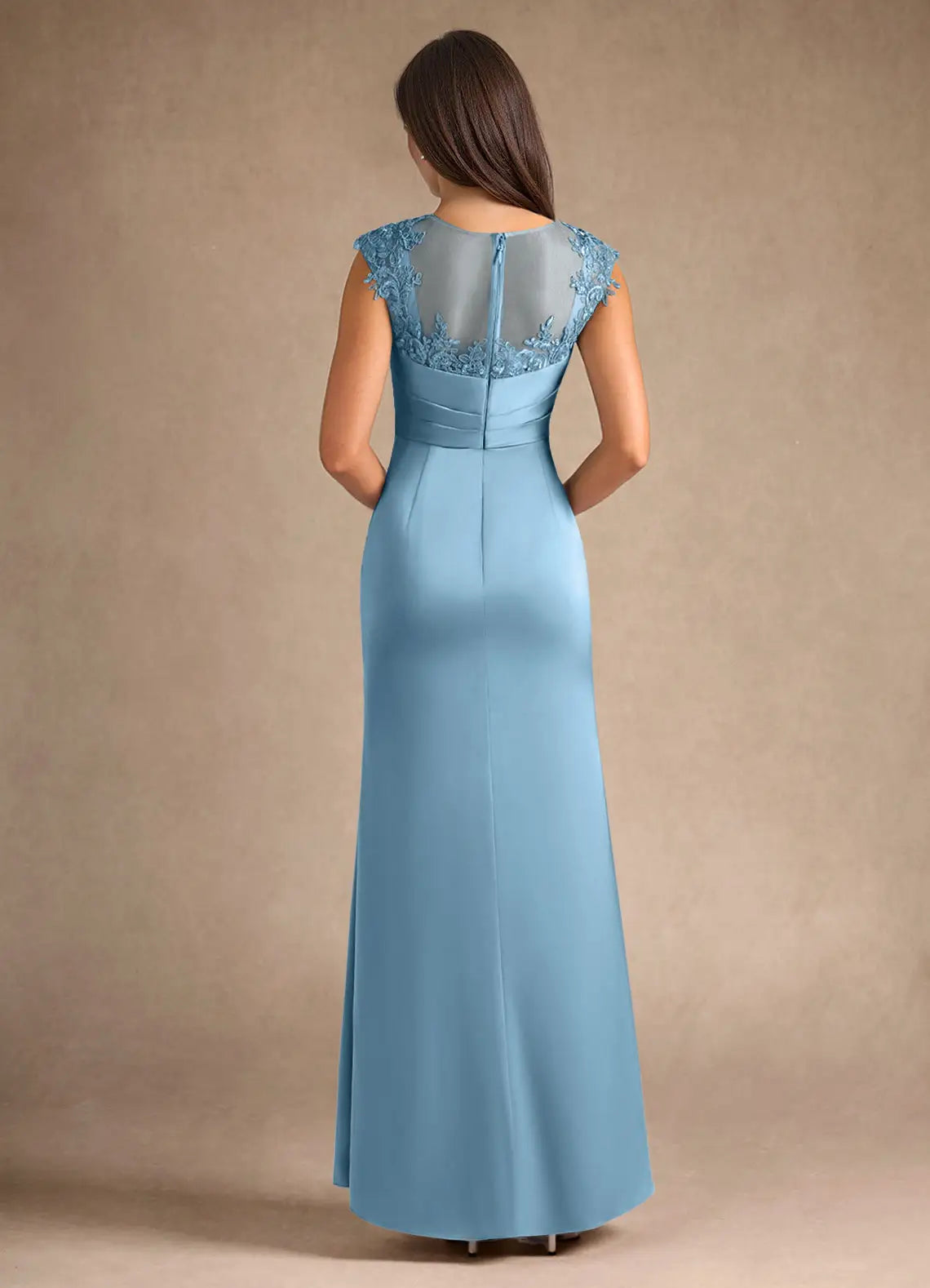 Weitese Dress Steel Blue Sheath Pleated Satin Mother of the Groom Dresses Elegant Scoop Neck Sleeveless Leg Slit Evening Dress