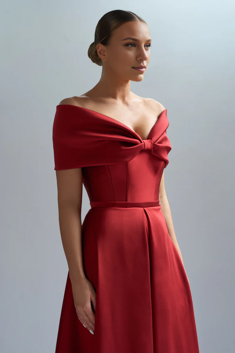 Magasins avec robes de bal A-line longue robe de soirée épaule dénudée avec nœud robes de soirée 