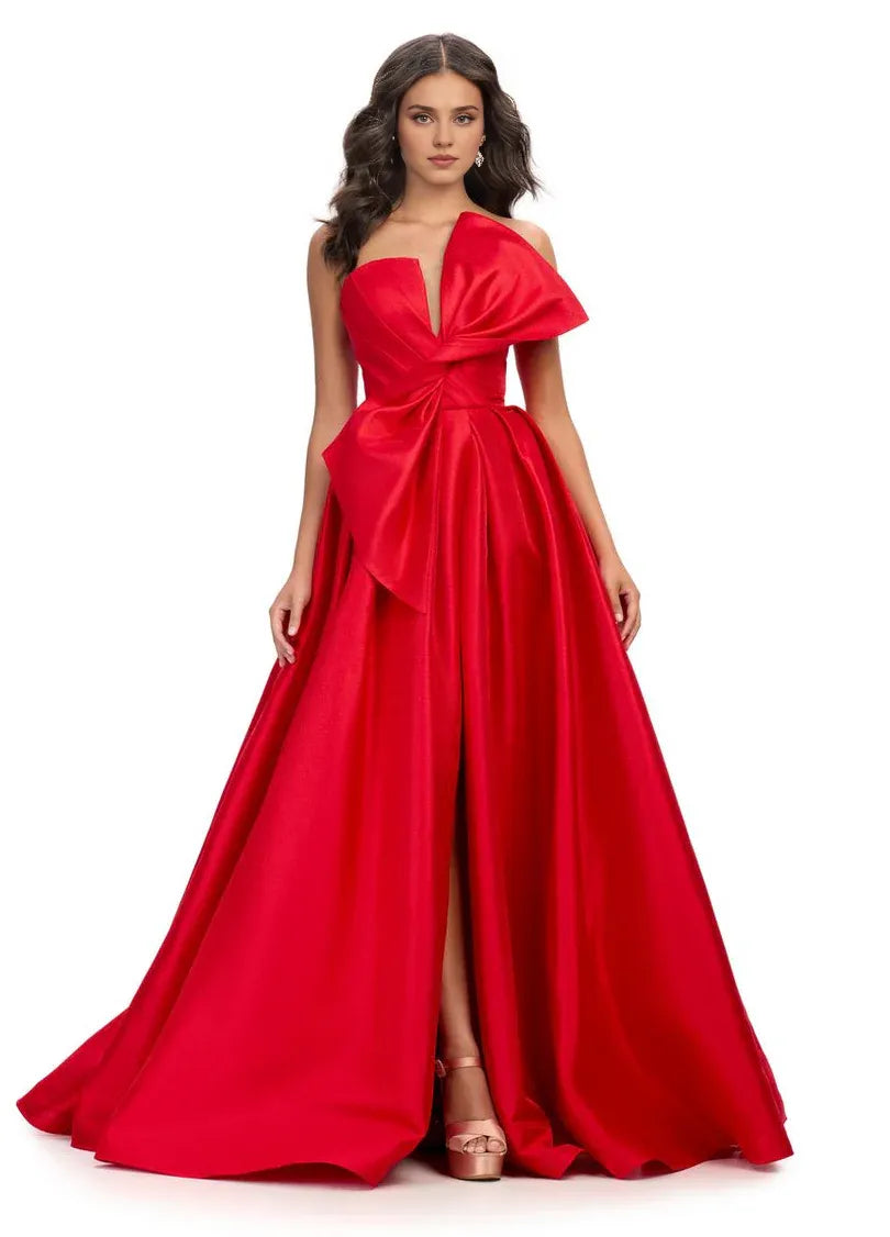 Stores With Prom Dresses A-line Oversized Bows Beautiful Ballgown Strapless Plunged V Neck Side Slit With Train Prom Dress Formal Women's Dresses