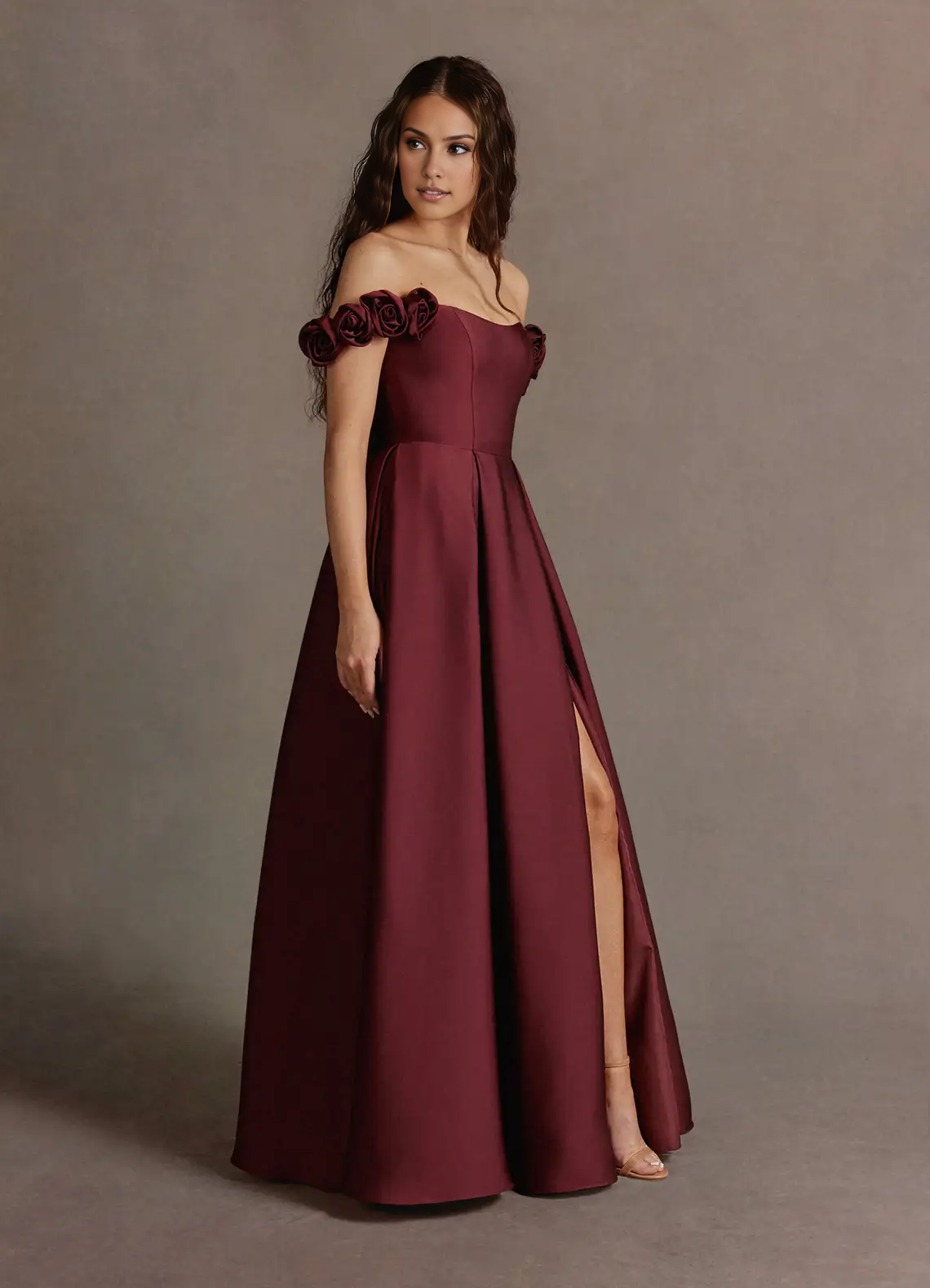 Stores With Prom Dresses Burgundy Off-the-Shoulder Sleeveless With Slit Prom Dress Flower Formal Wear Dresses