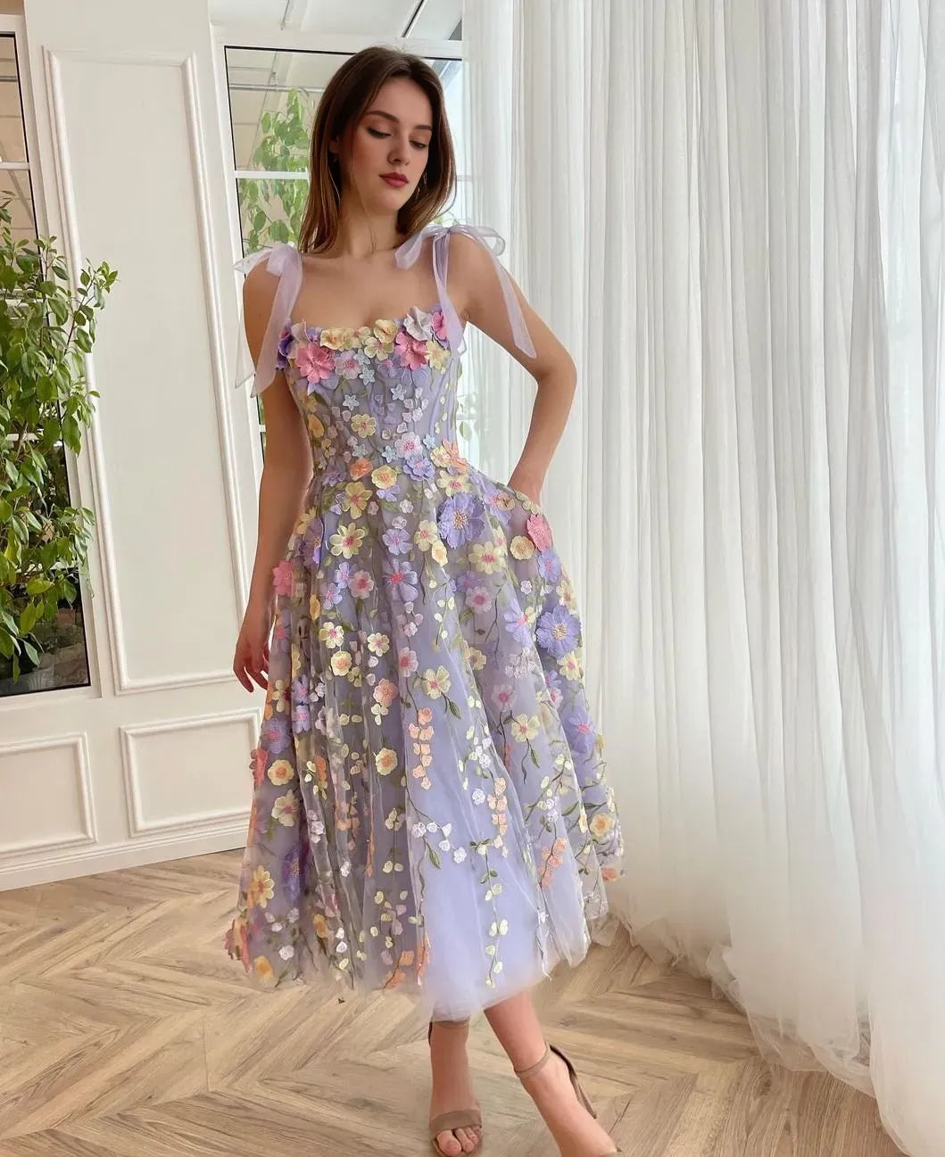 Stores With Prom Dresses Elegant Lavender Floral Tea Length Homecoming Dress Prom Dress Tulle Party Gown Formal Wear Dresses