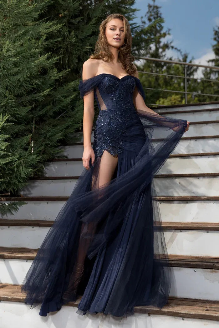 Stores With Prom Dresses Off-the-shoulder Tulle And Lace Evening Dress With Hand-sewn Formal Wear Dresses With Hight Slit