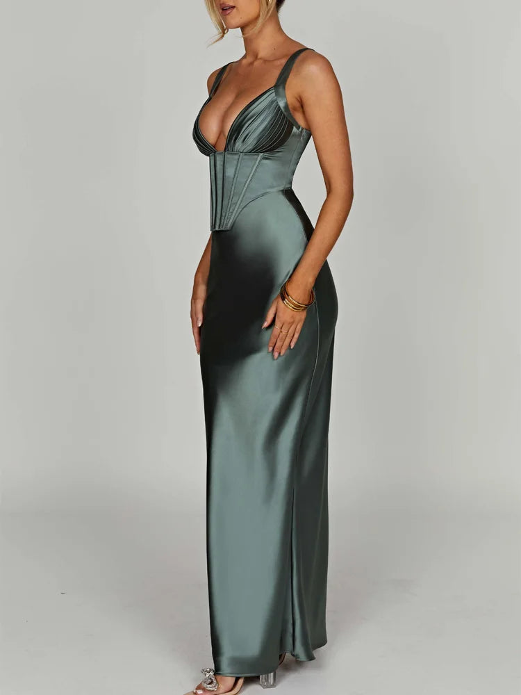 Magasins avec robes de bal en satin décolleté en V profond sans manches sirène corset robe longue robes de soirée 