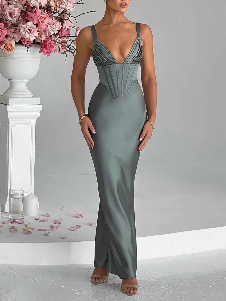 Stores With Prom Dresses Satin Deep V Neckline Sleeveless Mermaid Corset Maxi Dress Formal Wear Dresses
