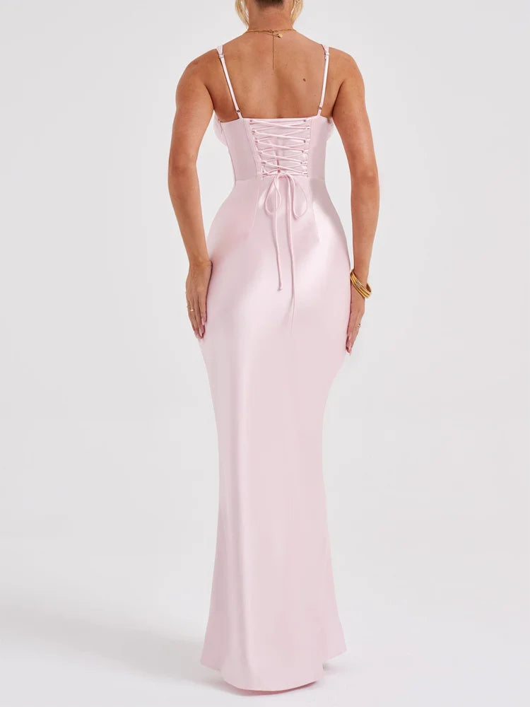 Magasins avec robes de bal en satin décolleté en V profond sans manches sirène corset robe longue robes de soirée 