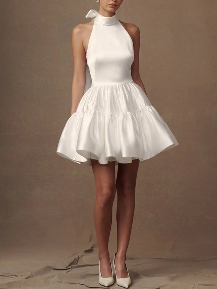 Magasins avec robes de bal en satin, décolleté licou, ligne A, drapée, sans manches, mini robe, robe de bal, robes de soirée 