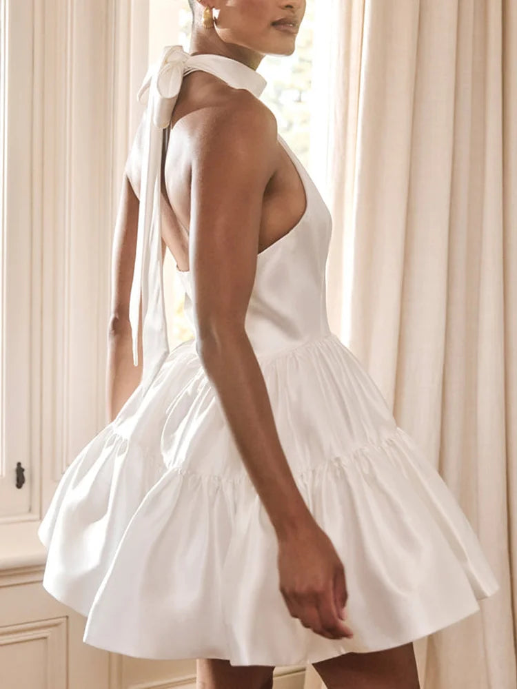 Magasins avec robes de bal en satin, décolleté licou, ligne A, drapée, sans manches, mini robe, robe de bal, robes de soirée 