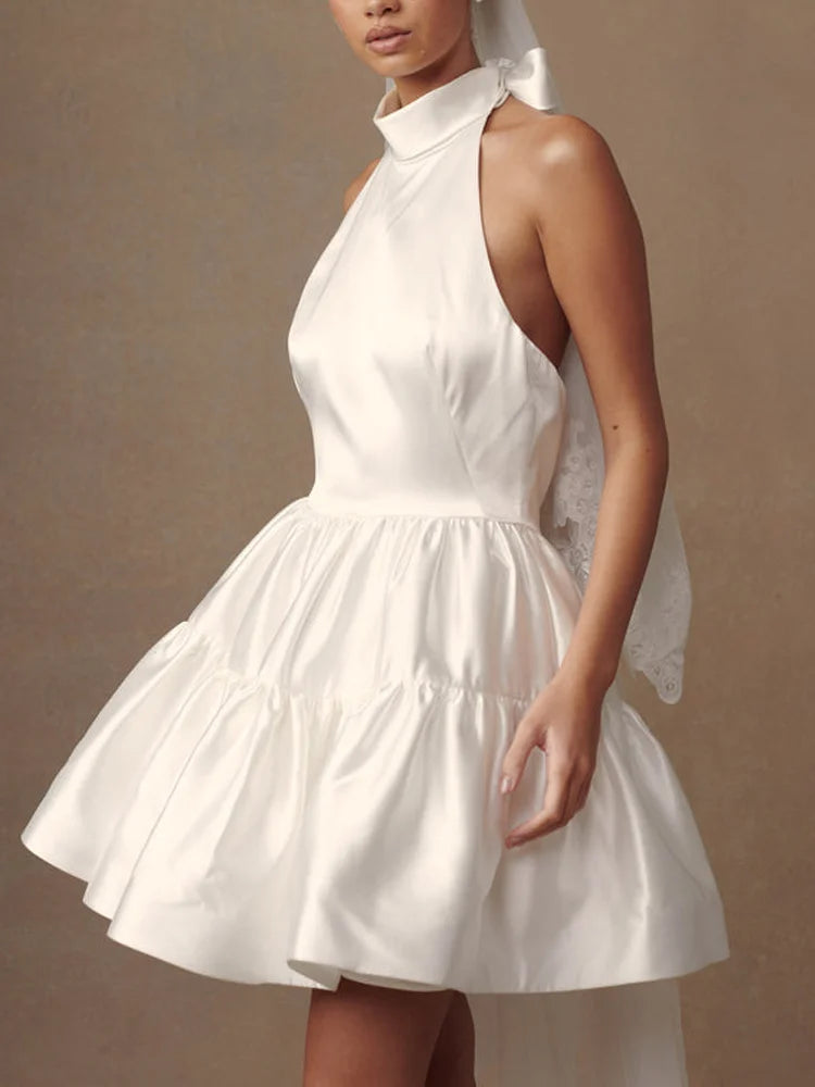 Magasins avec robes de bal en satin, décolleté licou, ligne A, drapée, sans manches, mini robe, robe de bal, robes de soirée 