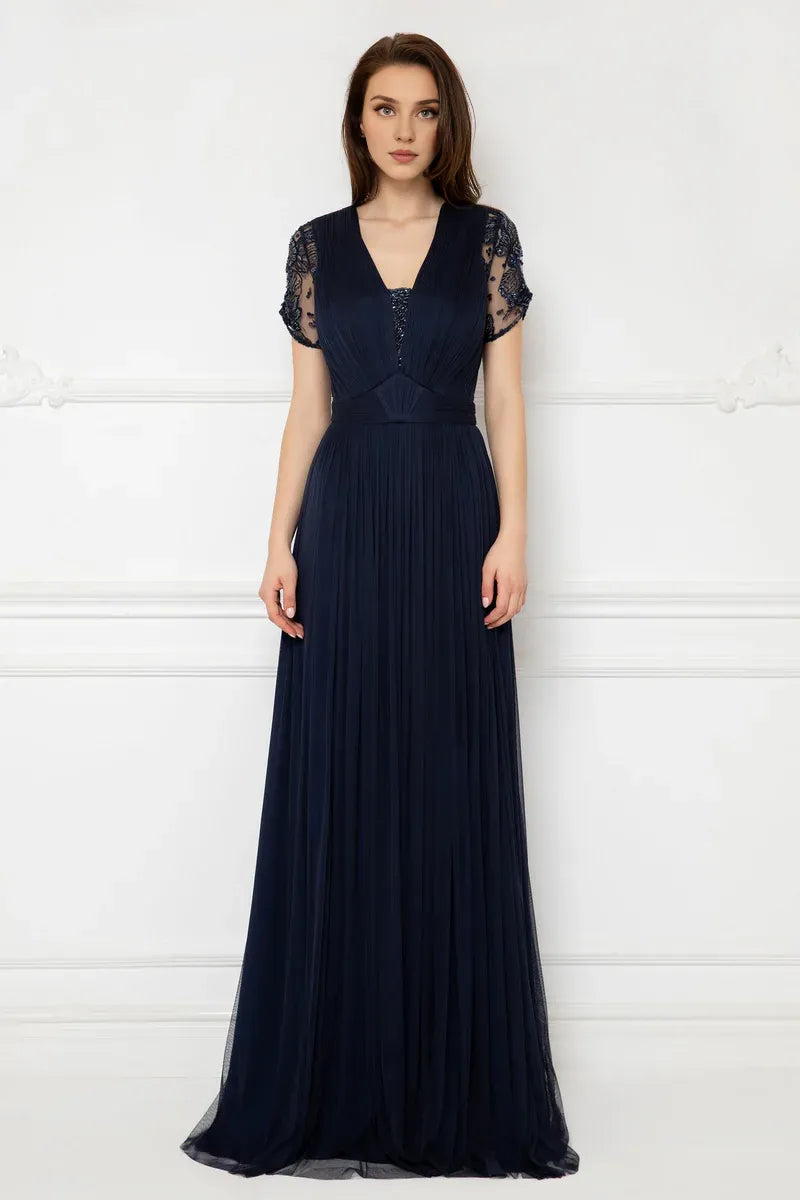 Stores With Prom Dresses Tulle And Lace With Hand-sewn Evening Dress V Neck Short Sleeves Floor Length Formal Wear Dresses