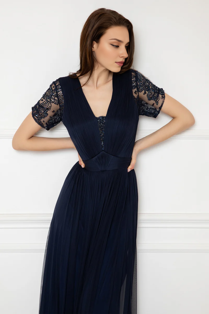 Stores With Prom Dresses Tulle And Lace With Hand-sewn Evening Dress V Neck Short Sleeves Floor Length Formal Wear Dresses