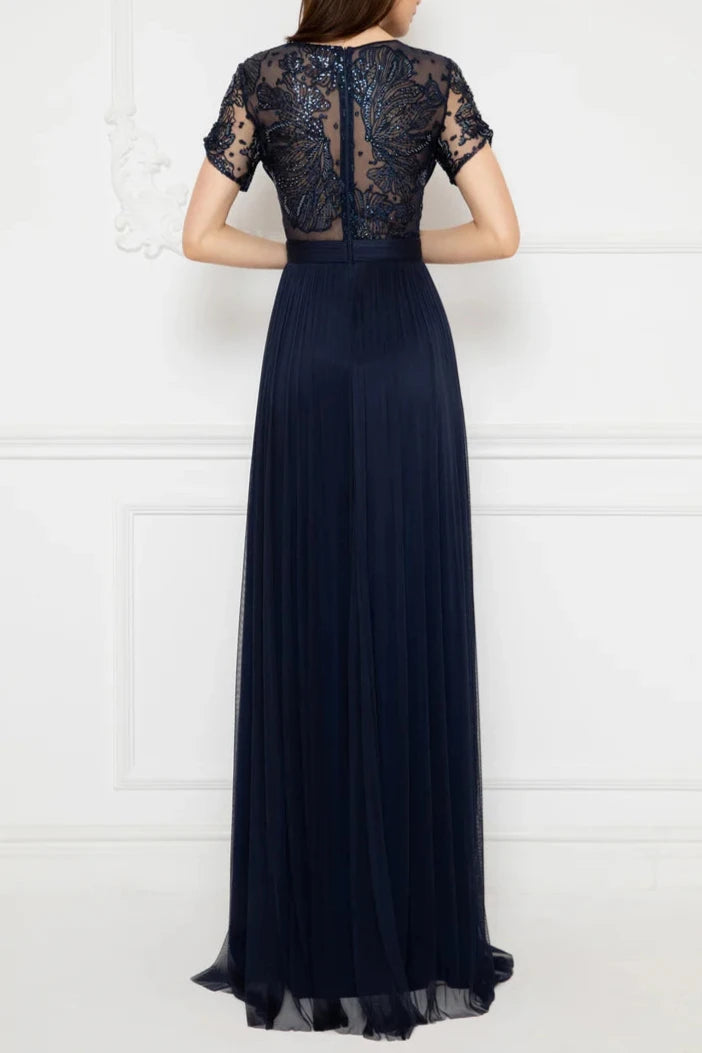 Stores With Prom Dresses Tulle And Lace With Hand-sewn Evening Dress V Neck Short Sleeves Floor Length Formal Wear Dresses