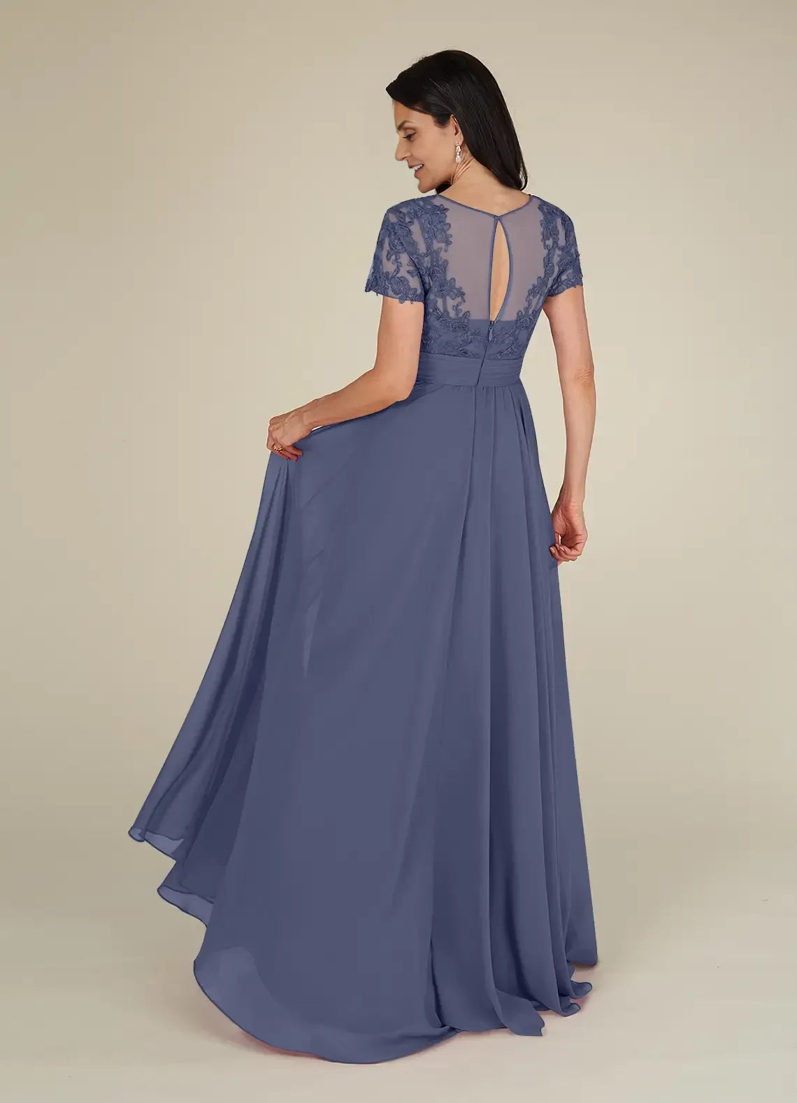 Weitese Dress Fashion Stormy A-Line Lace Chiffon Dress Floor-Length Short Sleeve Scoop Neck Pleated Mother of the Bride Dress